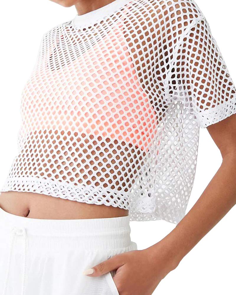 CLOZOZ Women's Mesh Crop Top See Through Fishnet Shirt Short Sleeve Crew Neck Sheer Cover Up - Image 2